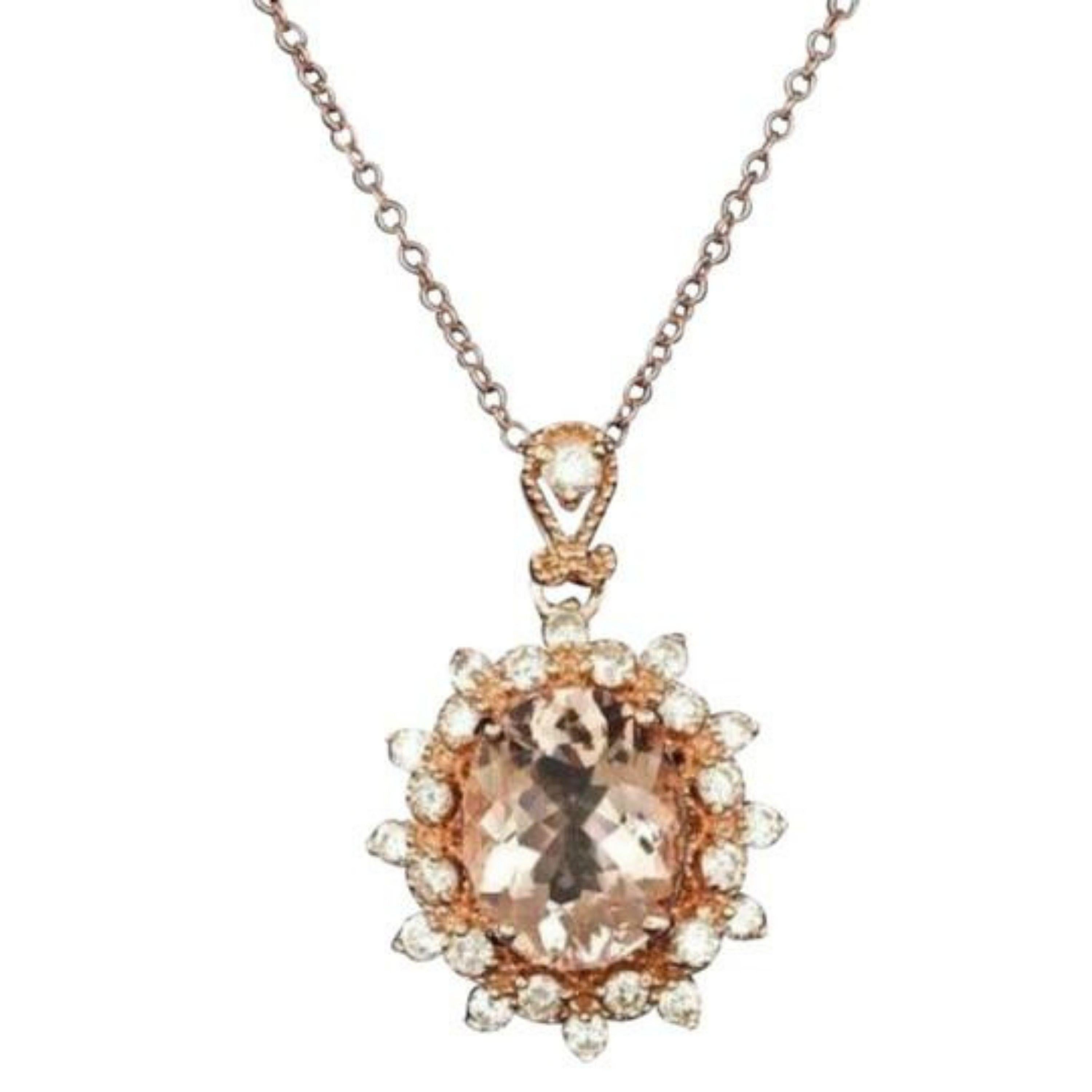 3.65Ct Natural Morganite and Diamond 14K Solid Rose Gold Necklace

Amazing looking piece!

Stamped: 14K

Natural Oval Cut Morganite Weights: Approx. 3.00 Carats

Morganite Measures: Approx. 11 x 9mm

Total Natural Round Diamond weights: 0.65 Carats