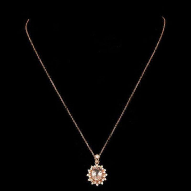 Oval Cut 3.65 Carat Natural Morganite and Diamond 14 Karat Solid Rose Gold Necklace For Sale