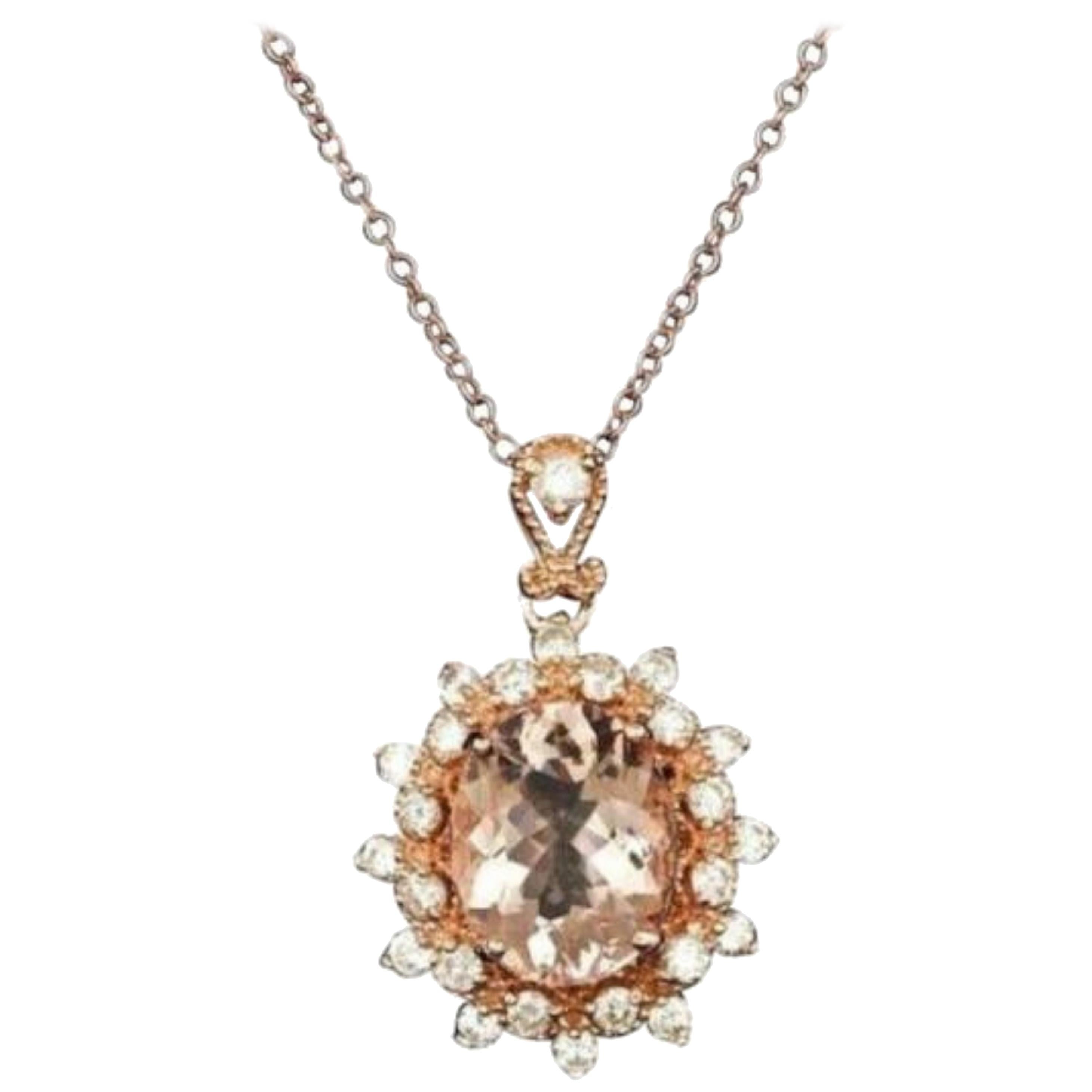 3.65 Carat Natural Morganite and Diamond 14 Karat Solid Rose Gold Necklace For Sale