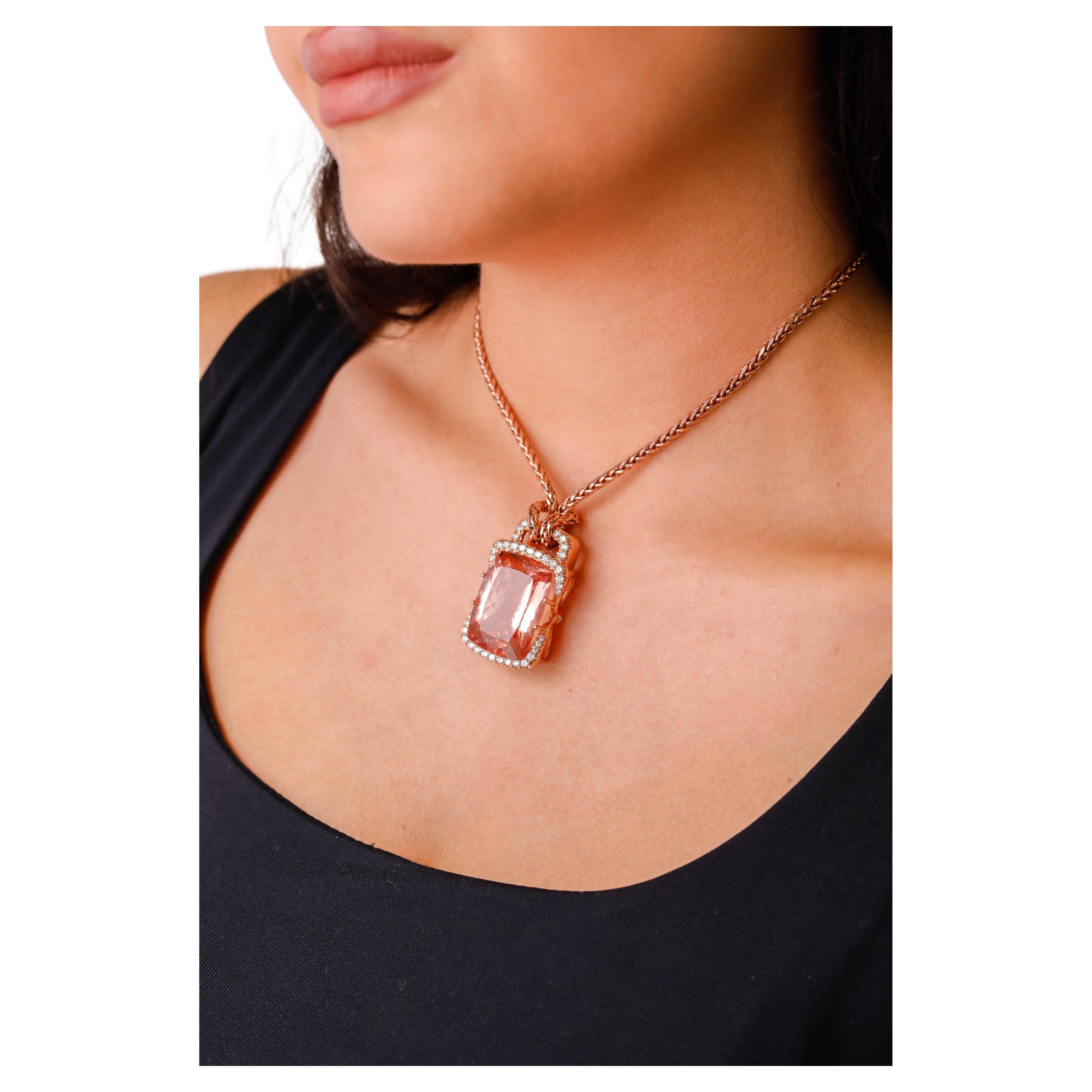 36.5ct Radiant Cut Morganite 1.5 Ct Diamond Solitaire Pendant in 14 Kt Rose Gold For Sale