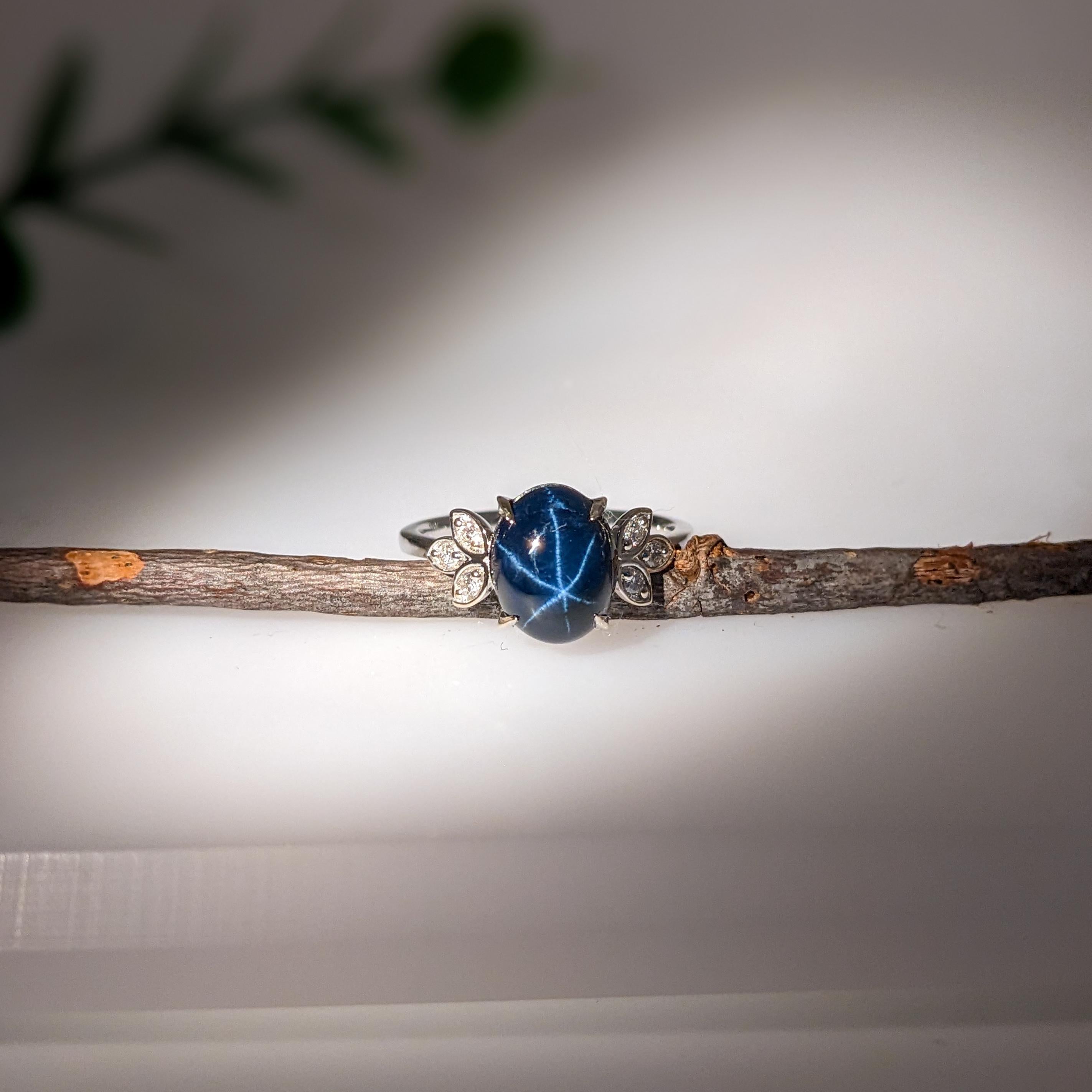 Art Nouveau 3.65ct Star Sapphire Ring w Earth Mined Diamonds in Solid 14K White Gold OV 10x8