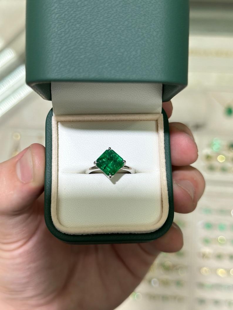 3.65tcw 14K Asscher Cut Emerald & Diamond Ring - Rich Green Hidden Accents For Sale 1