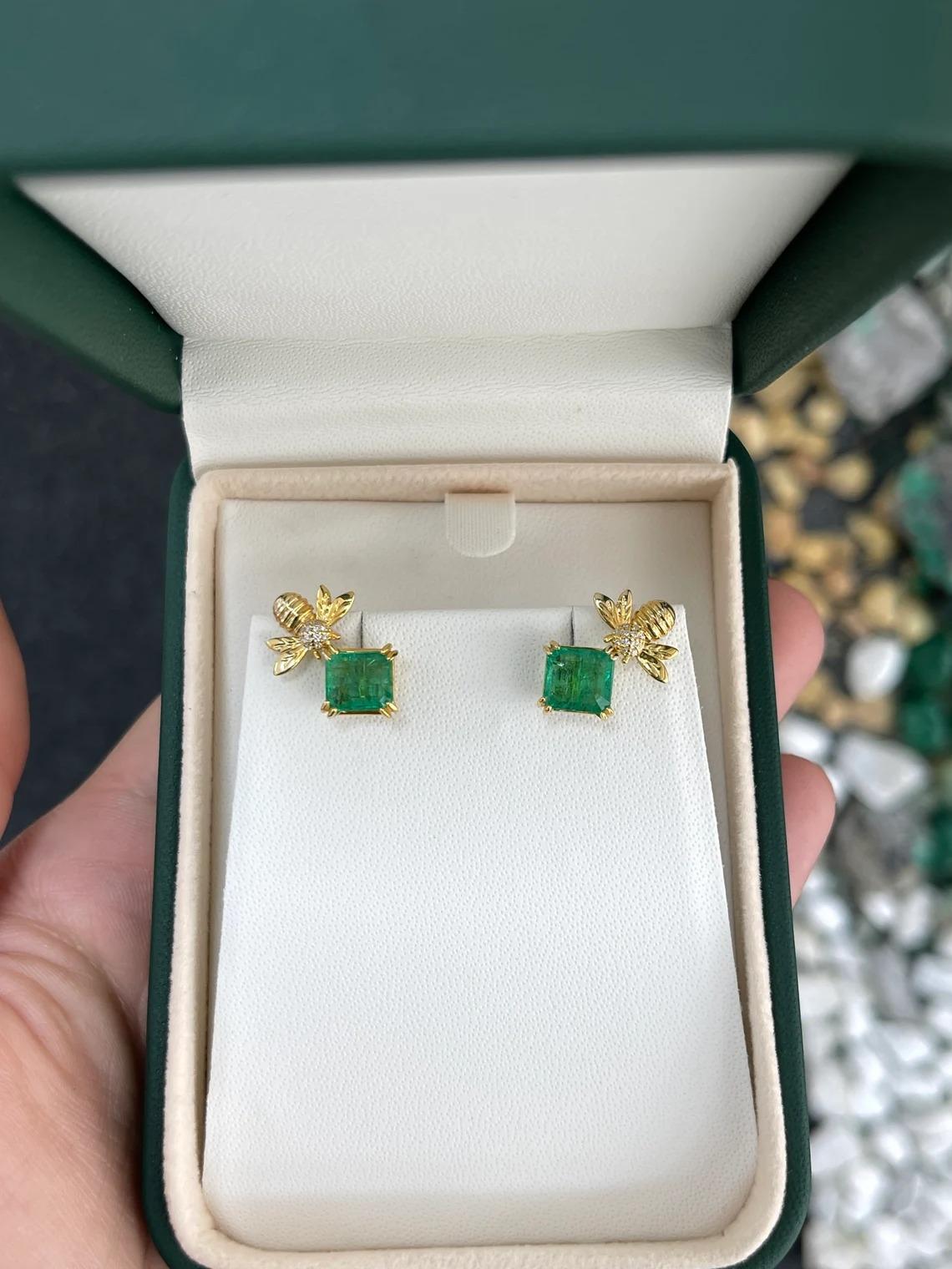 Women's 3.65tcw 14K Vivid Green Asscher Cut Emerald Stud Bee Ear Climber Stud Earrings For Sale