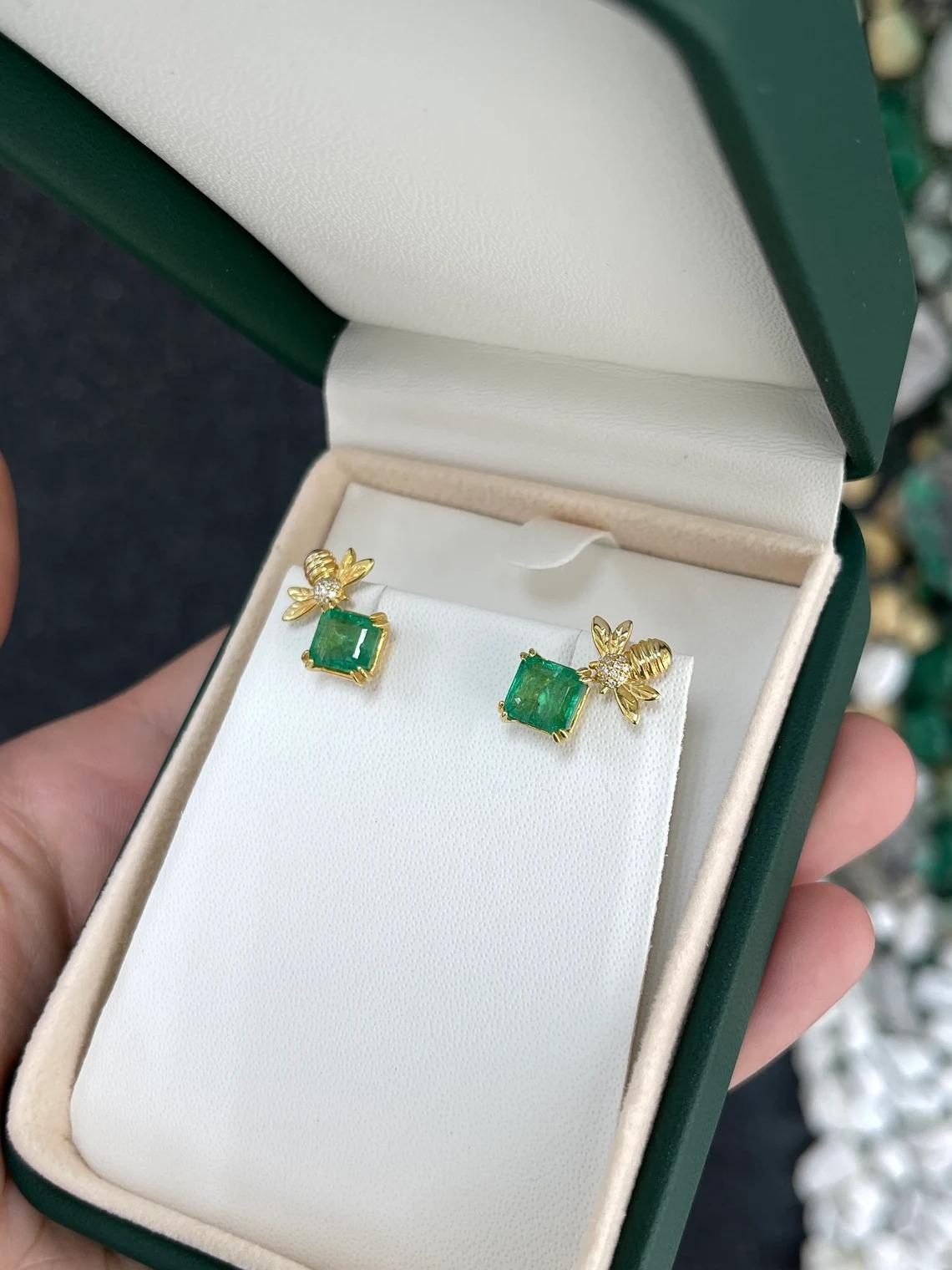 3.65tcw 14K Vivid Green Asscher Cut Emerald Stud Bee Ear Climber Stud Earrings For Sale 1