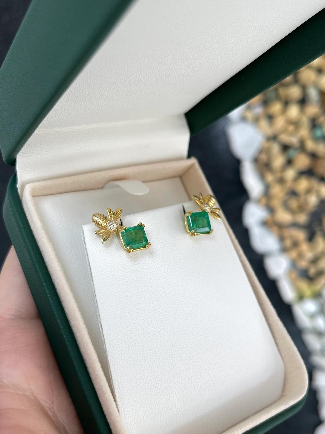 3.65tcw 14K Vivid Green Asscher Cut Emerald Stud Bee Ear Climber Stud Earrings For Sale 2