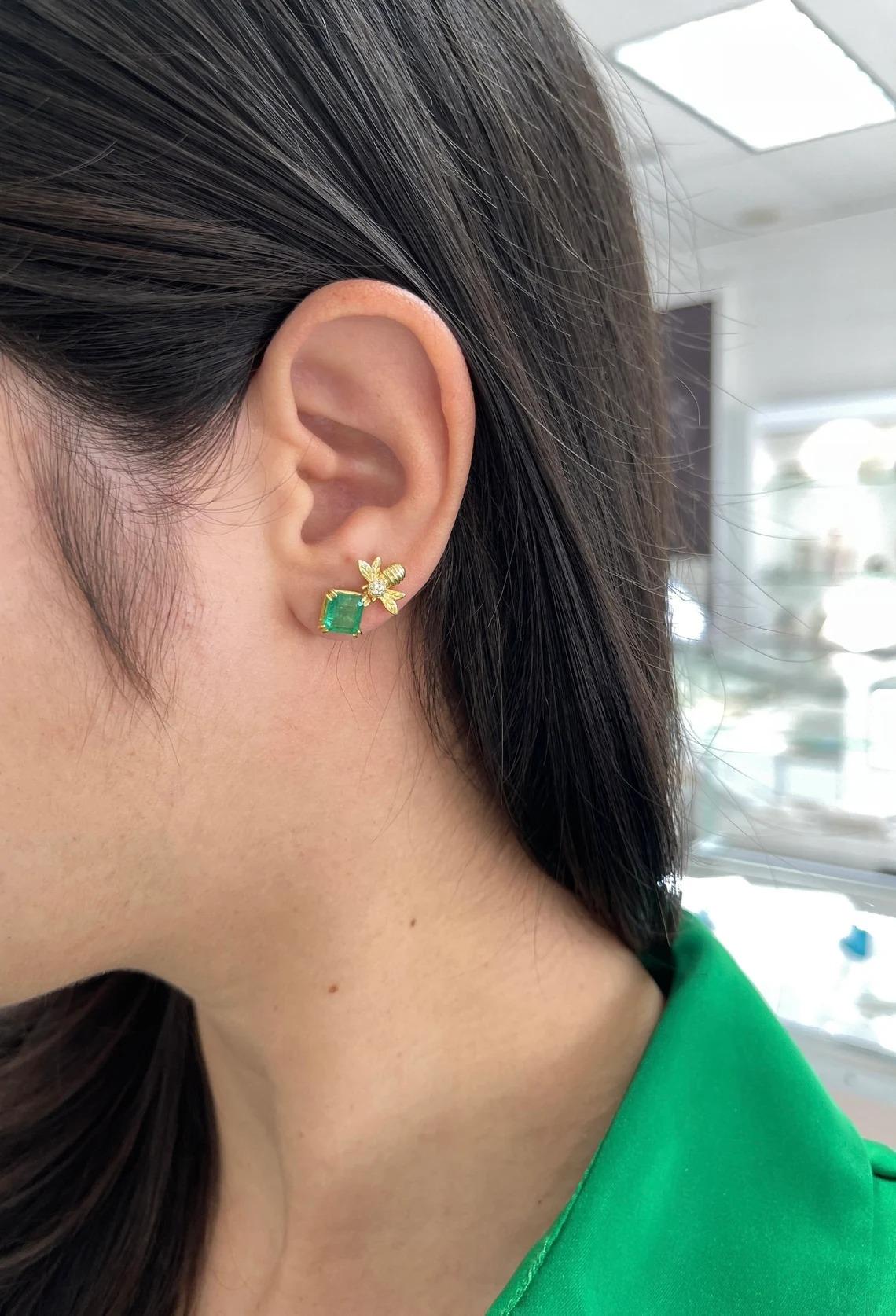 3.65tcw 14K Vivid Green Asscher Cut Emerald Stud Bee Ear Climber Stud Earrings For Sale 3