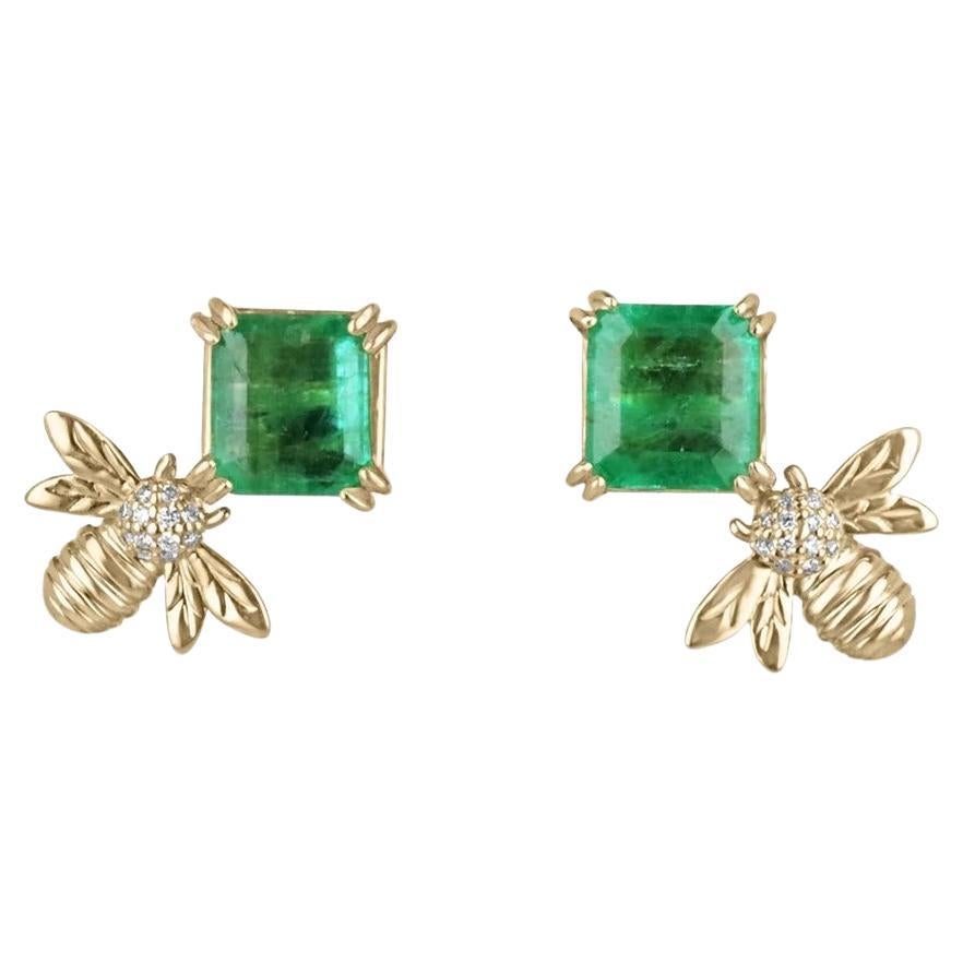 3.65tcw 14K Vivid Green Asscher Cut Emerald Stud Bee Ear Climber Stud Earrings For Sale