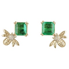 3.65tcw 14K Vivid Green Asscher Cut Emerald Stud Bee Ear Climber Stud Earrings