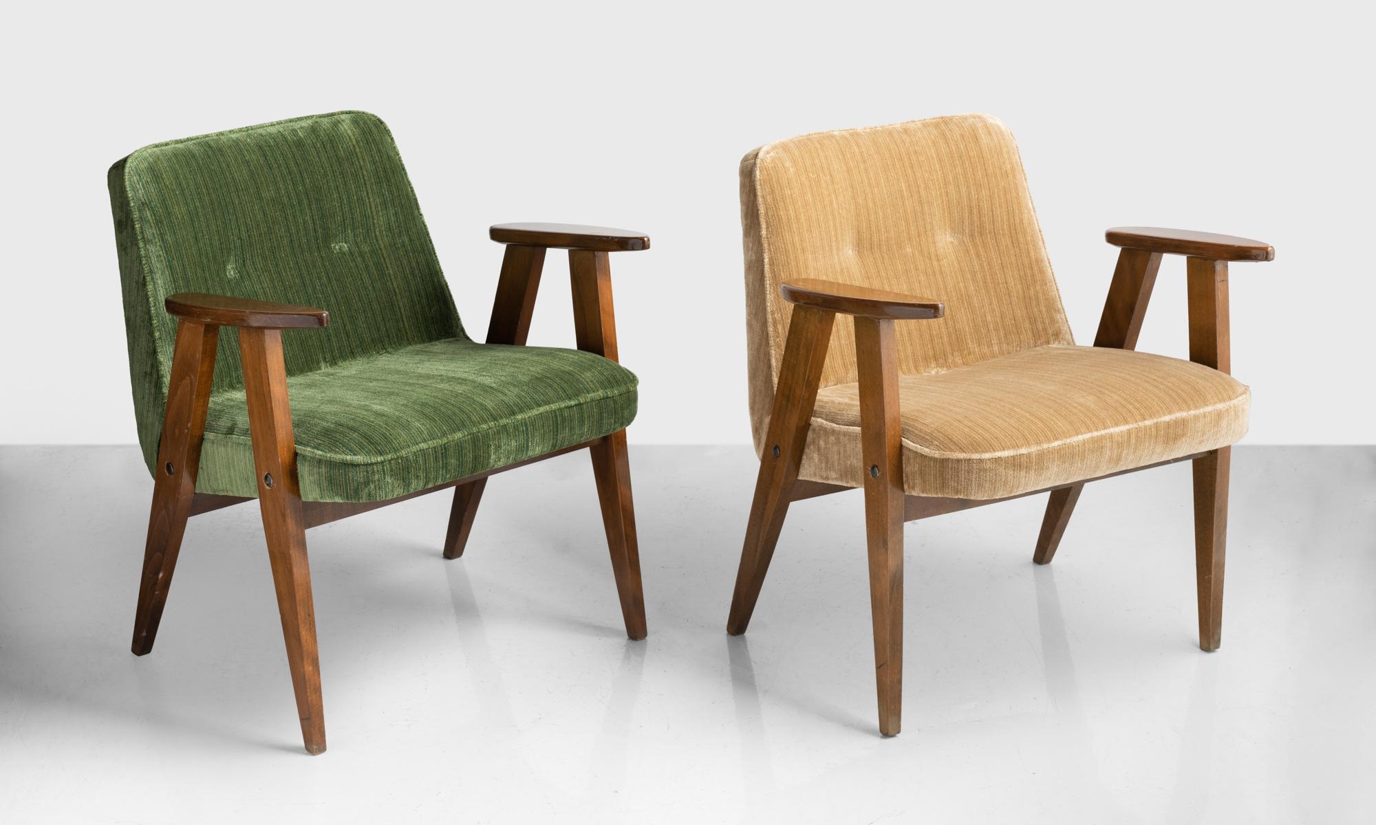 366 armchairs by Jozef Chierowski, Poland, circa 1960.

Simple, modernist, slightly petite form with original beechwood frame and newly upholstered cushions in striped velvet.
 