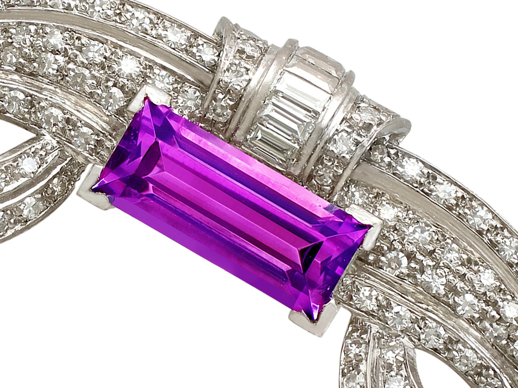 A stunning vintage Art Deco 3.66 carat amethyst and 2.65 carat diamond, platinum brooch; part of our diverse vintage jewelry and estate jewelry collections.

This stunning, fine and impressive vintage amethyst brooch has been crafted in
