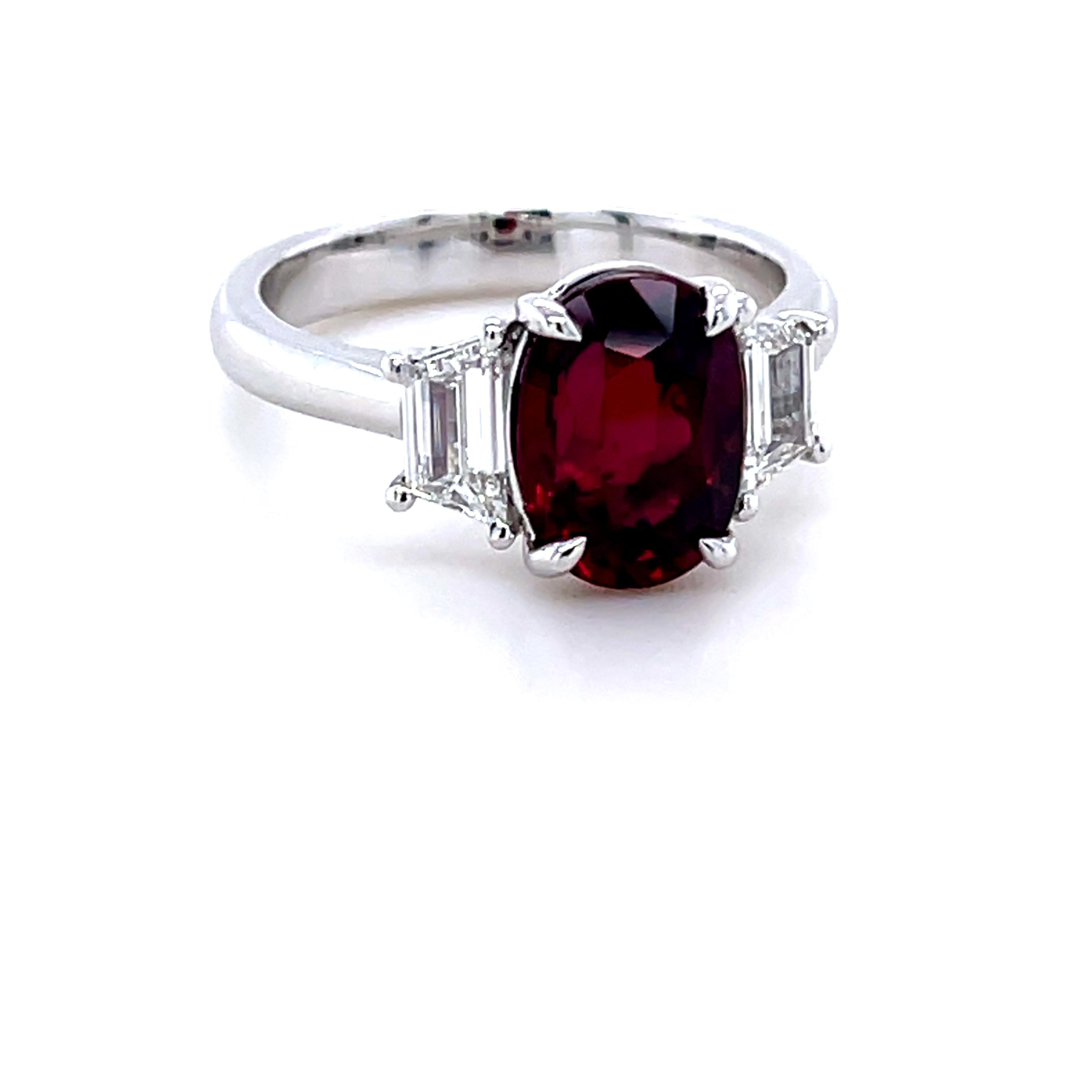 CDC certified oval Ruby weighing 3.66 carats
Measuring (10.07x7.20x5.33) mm
Pidgeon Blood Red color
Mozambique origin
Two Trapezoid diamonds weighing .60 carats total
Set in Platinum