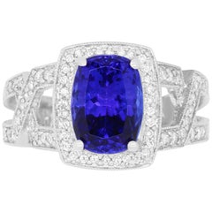 3.66 Carat Cushion Cut Tanzanite and 0.49 Carat White Diamond Ring