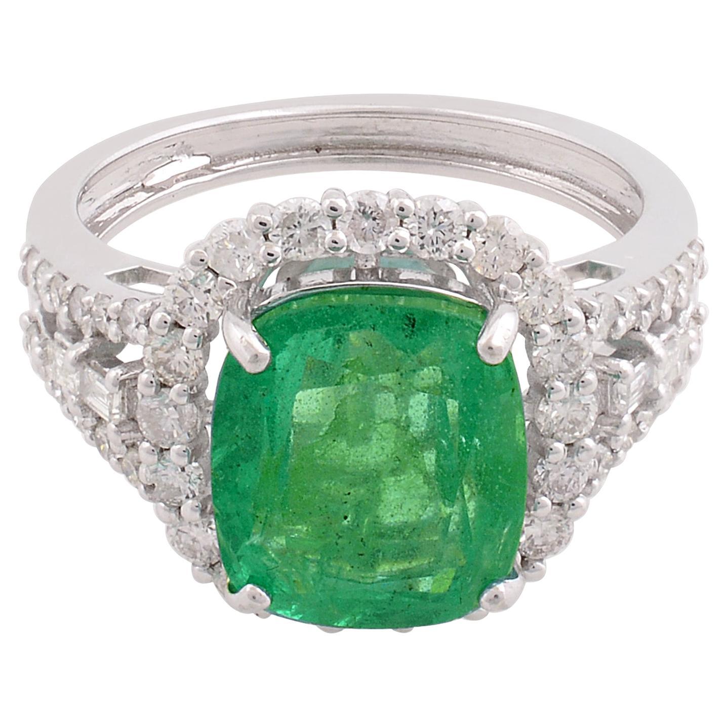3.66 Carat Emerald Cocktail Ring 0.80 Carat SI/H Diamond 10 Karat White Gold