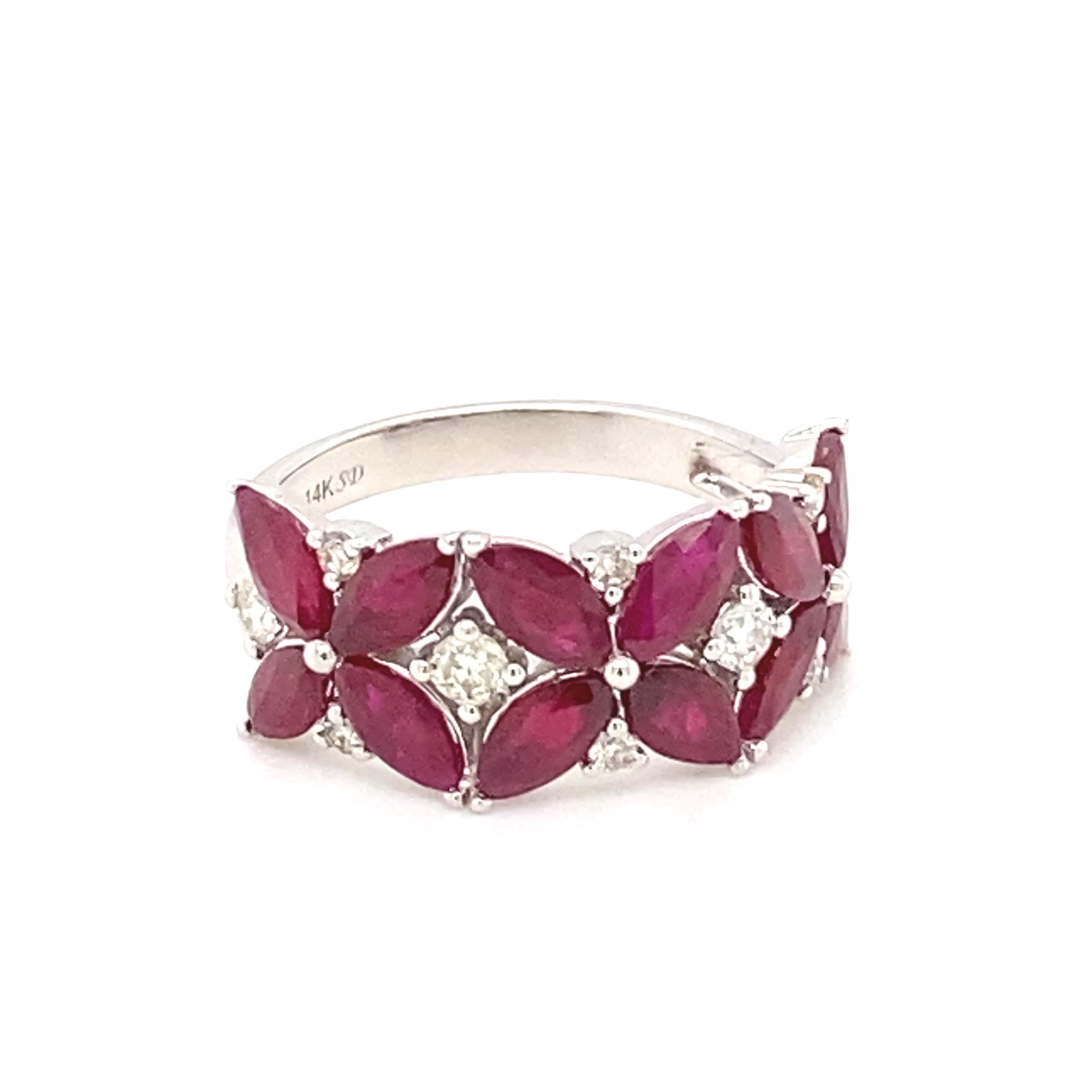 Artisan 3.66 Carat Marquise Ruby Diamond White Gold Cluster Ring For Sale