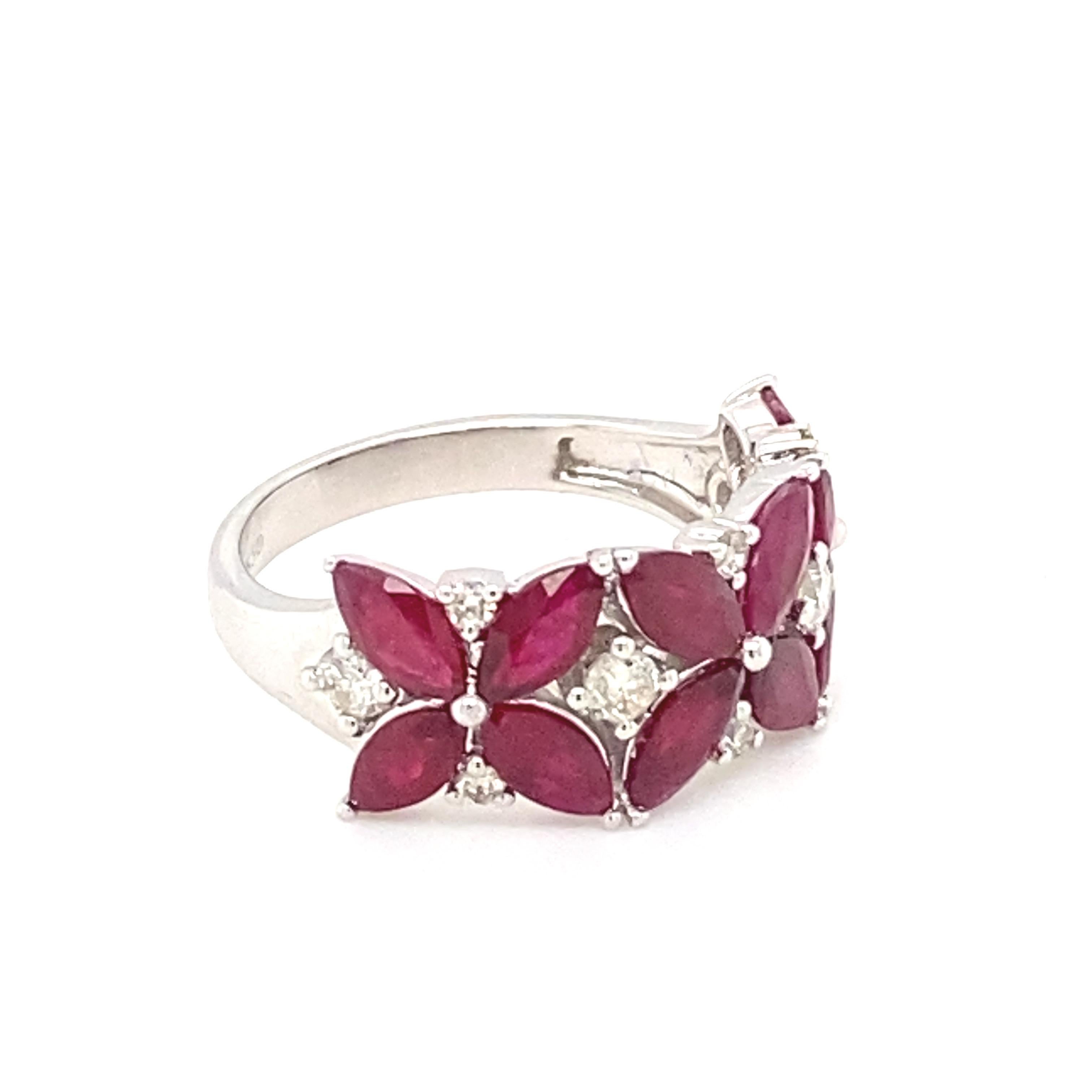 Marquise Cut 3.66 Carat Marquise Ruby Diamond White Gold Cluster Ring For Sale