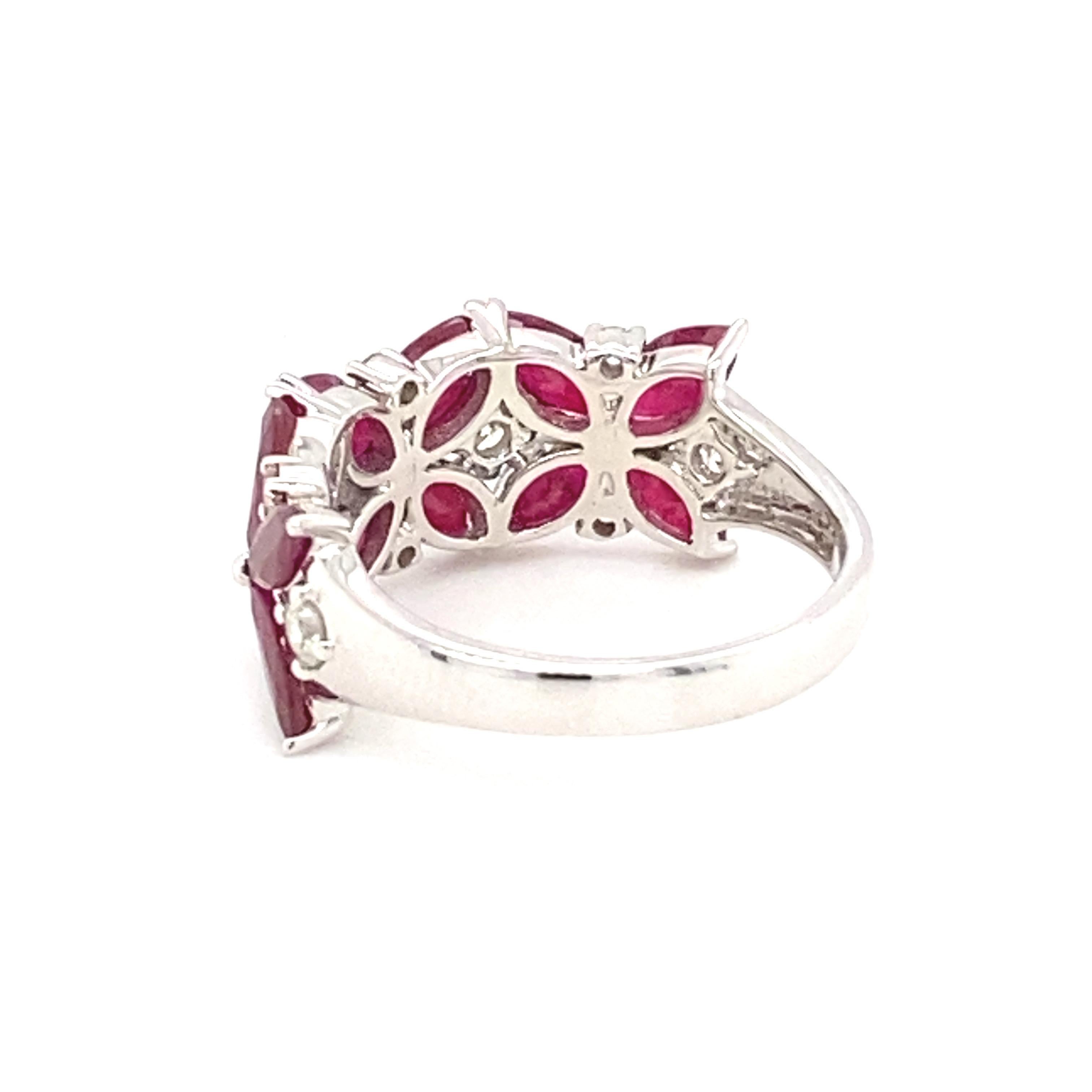 3.66 Carat Marquise Ruby Diamond White Gold Cluster Ring For Sale 2