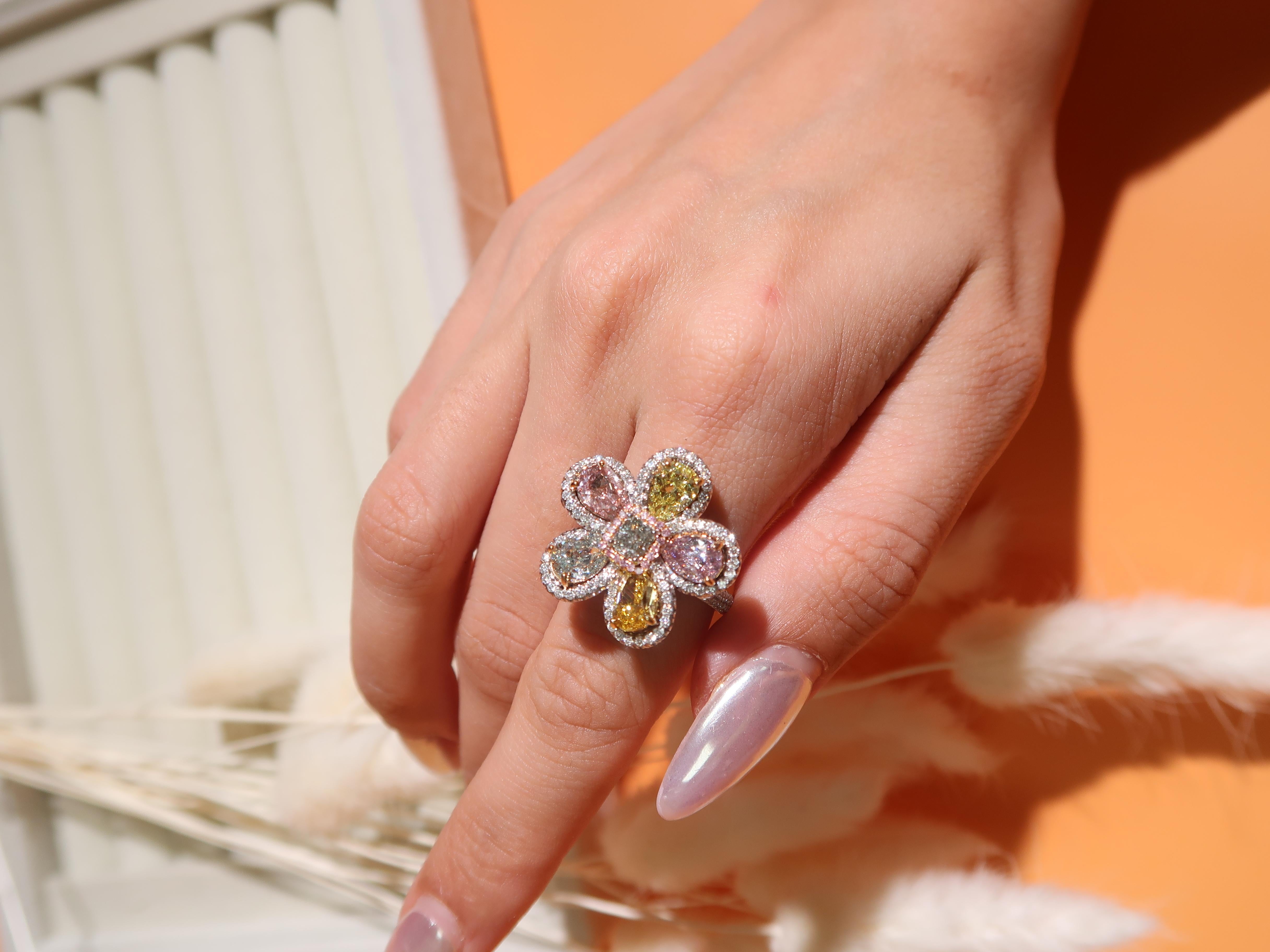 Art Nouveau 3.66 Carat Multi-Color Floral Diamond Ring, GIA Certified Set In 18k White Gold.