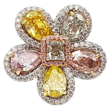 3.66 Carat Multi-Color Floral Diamond Ring, GIA Certified Set In 18k White Gold. For Sale