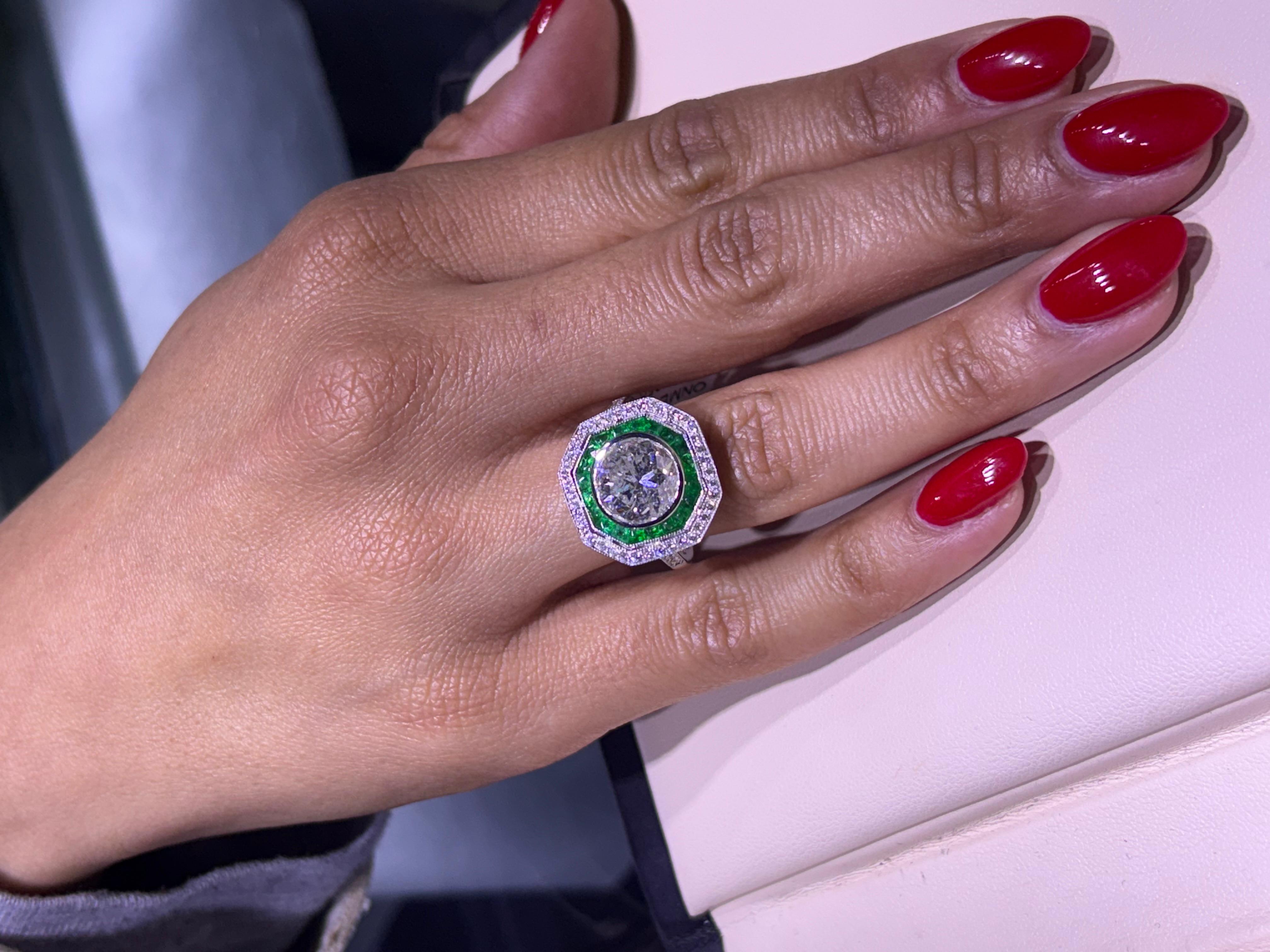 3.66 Carat Natural Round Brilliant Diamond & Emerald Ring For Sale 3