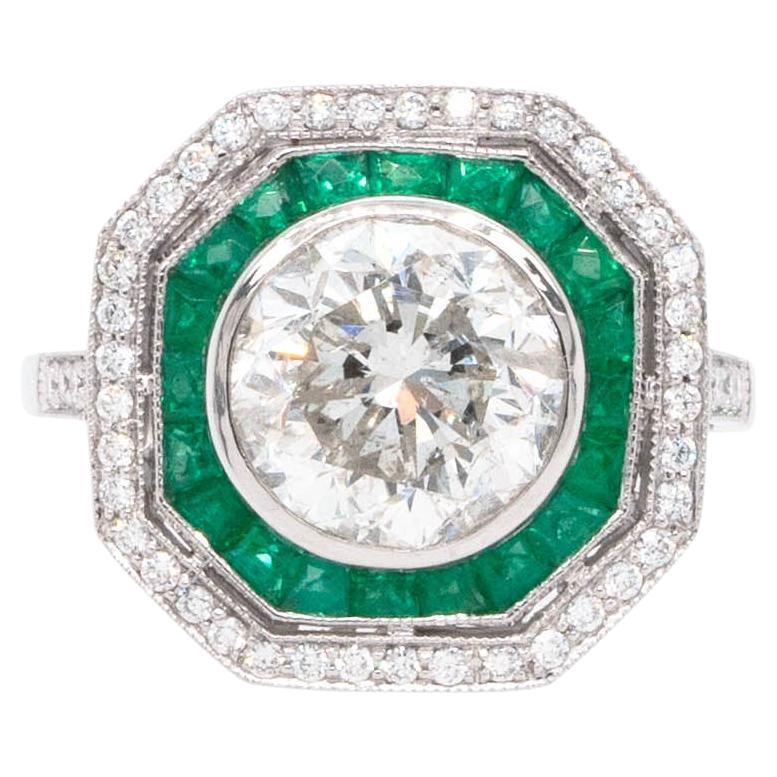 3.66 Carat Natural Round Brilliant Diamond & Emerald Ring For Sale