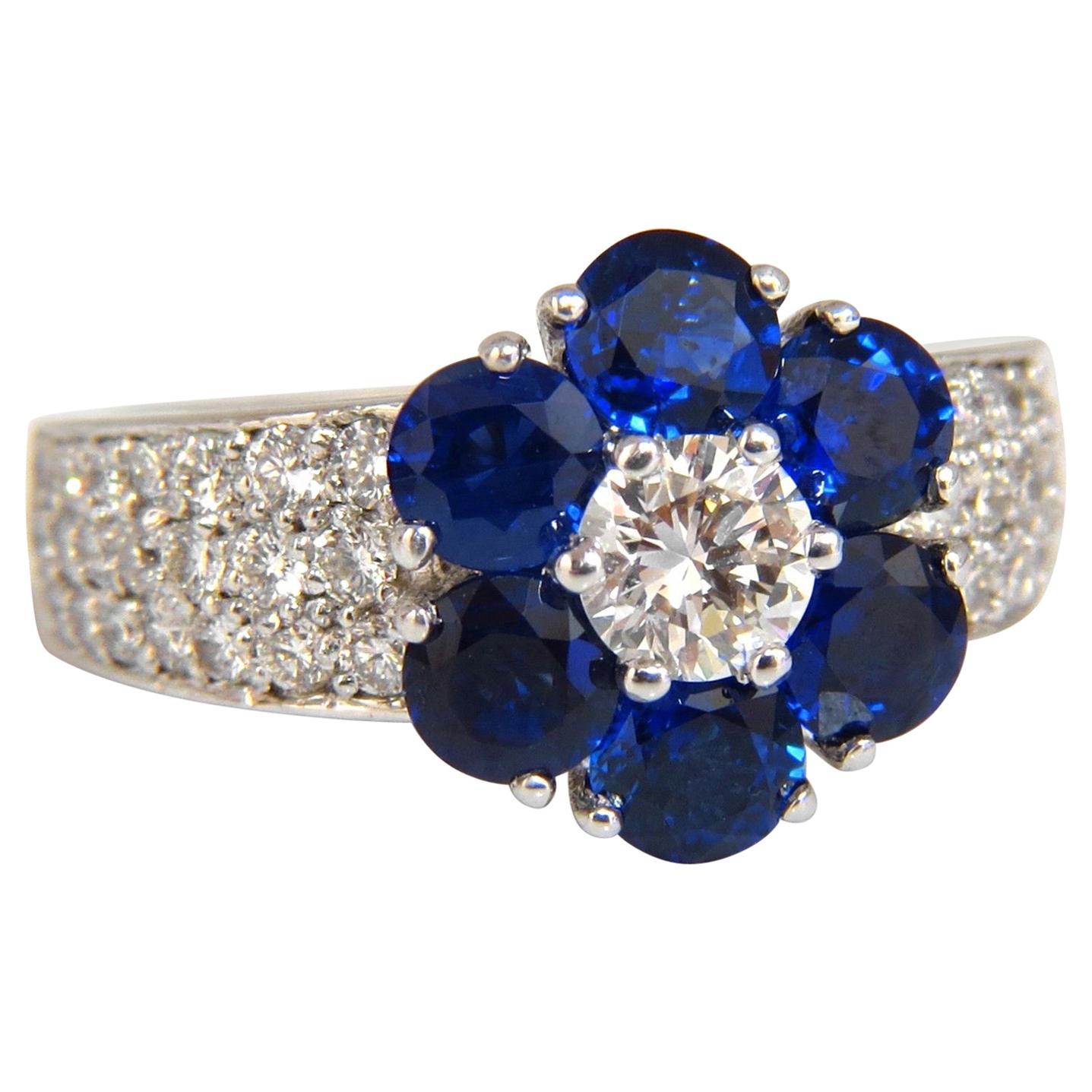 3.66 Carat Natural Sapphires Diamond Cluster Ring 14 Karat Royal Blue Floretta For Sale