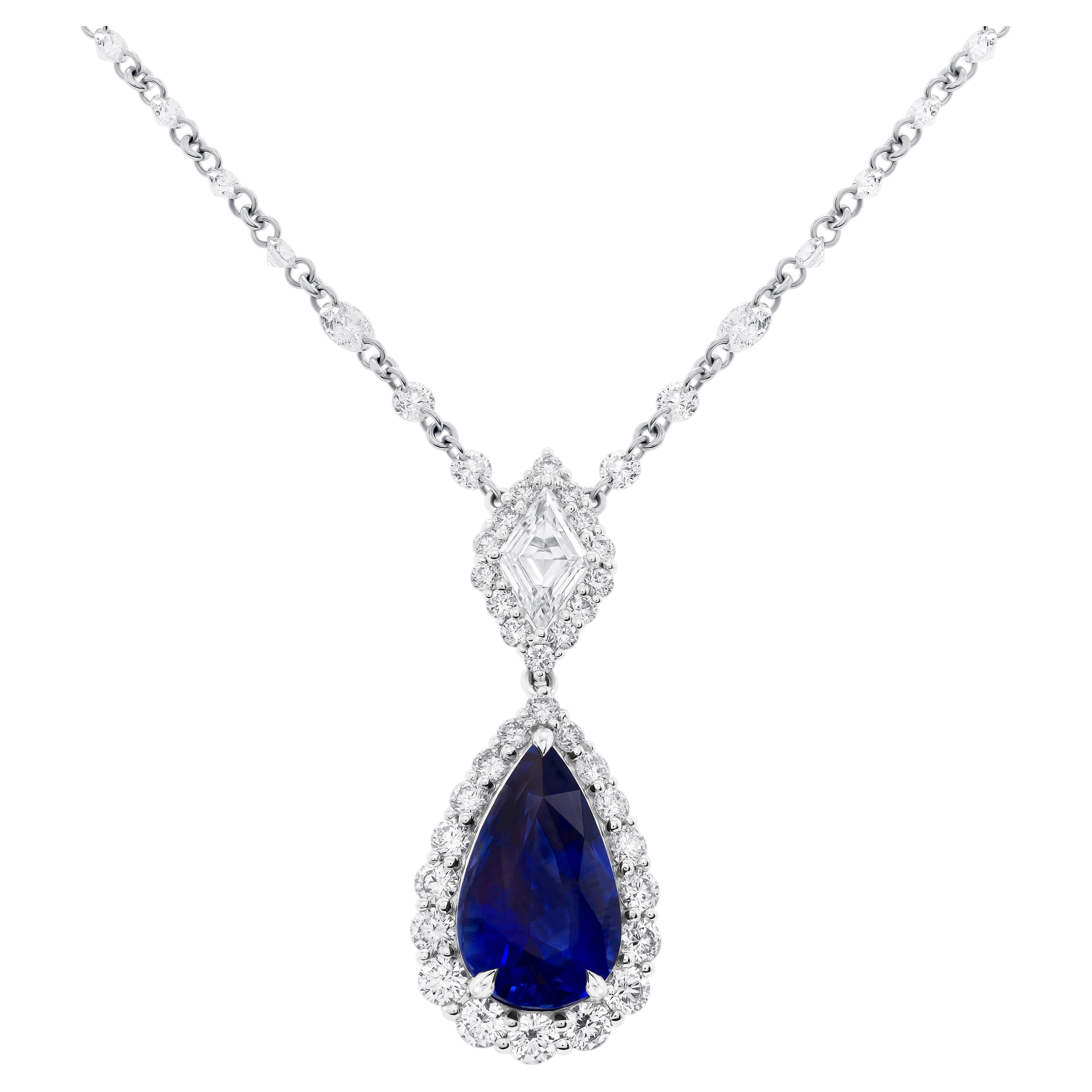 3.66 Carat Pear Sapphire and Marquise Cut Diamond Pendant in Platinum ref1367