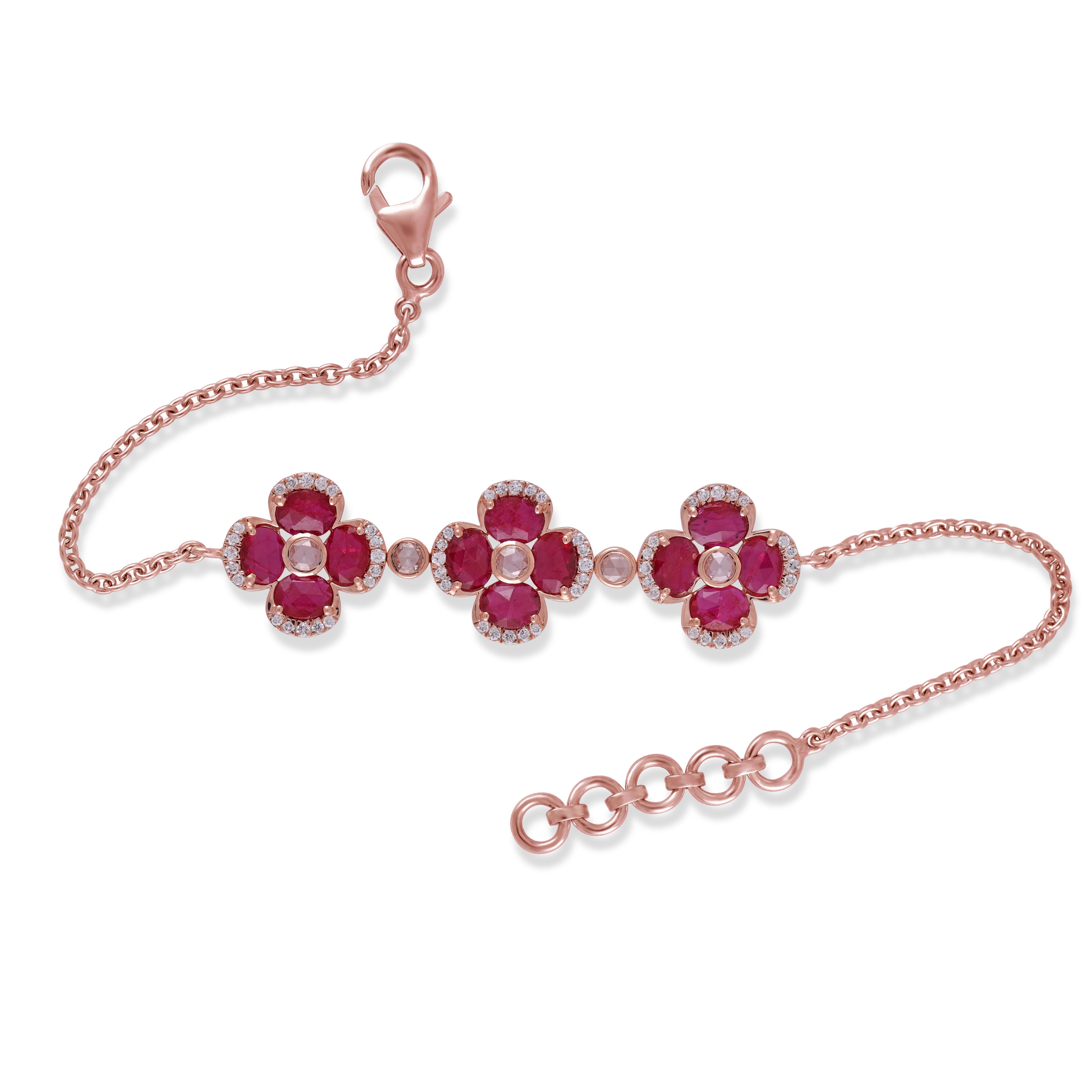 3.66 Carat Ruby 
 and Diamond  Bracelet in 18K Yellow Gold

This magnificent Oval shape Ruby Flower Bracelet is incredulous. The solitaire Oval-shaped Oval-cut Ruby are beautifully With Single Rose cut Diamonds & Small Diamond making the bracelet