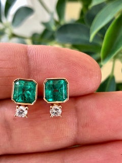 3.66 Carat Square Colombian Emerald Diamond Stud Earrings 18 Karat