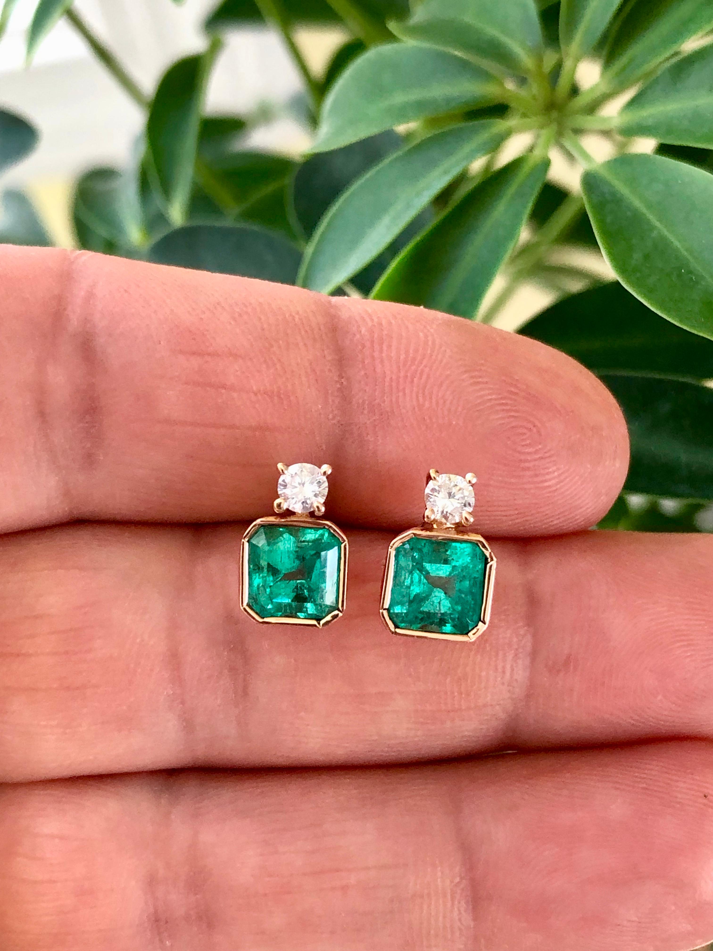 3.66 Carat Square Colombian Emerald Diamond Stud Earrings 18 Karat 3