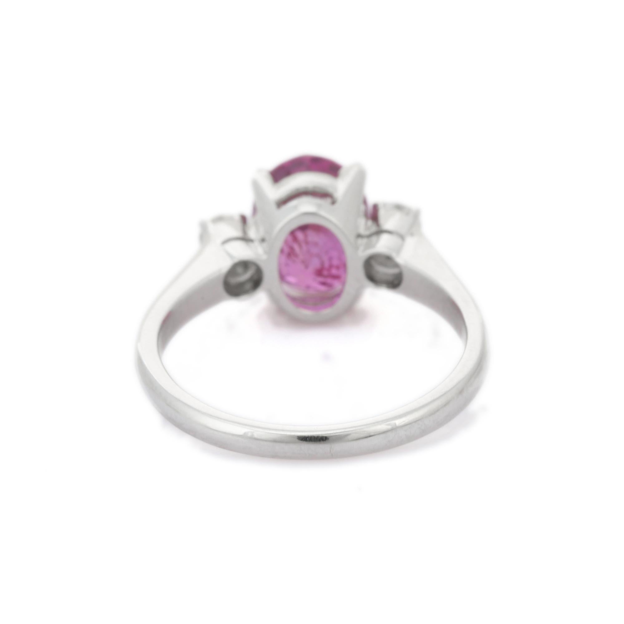 For Sale:  3.66 Carat Three Stone Pink Sapphire and Diamond Ring in 18K White Gold 3