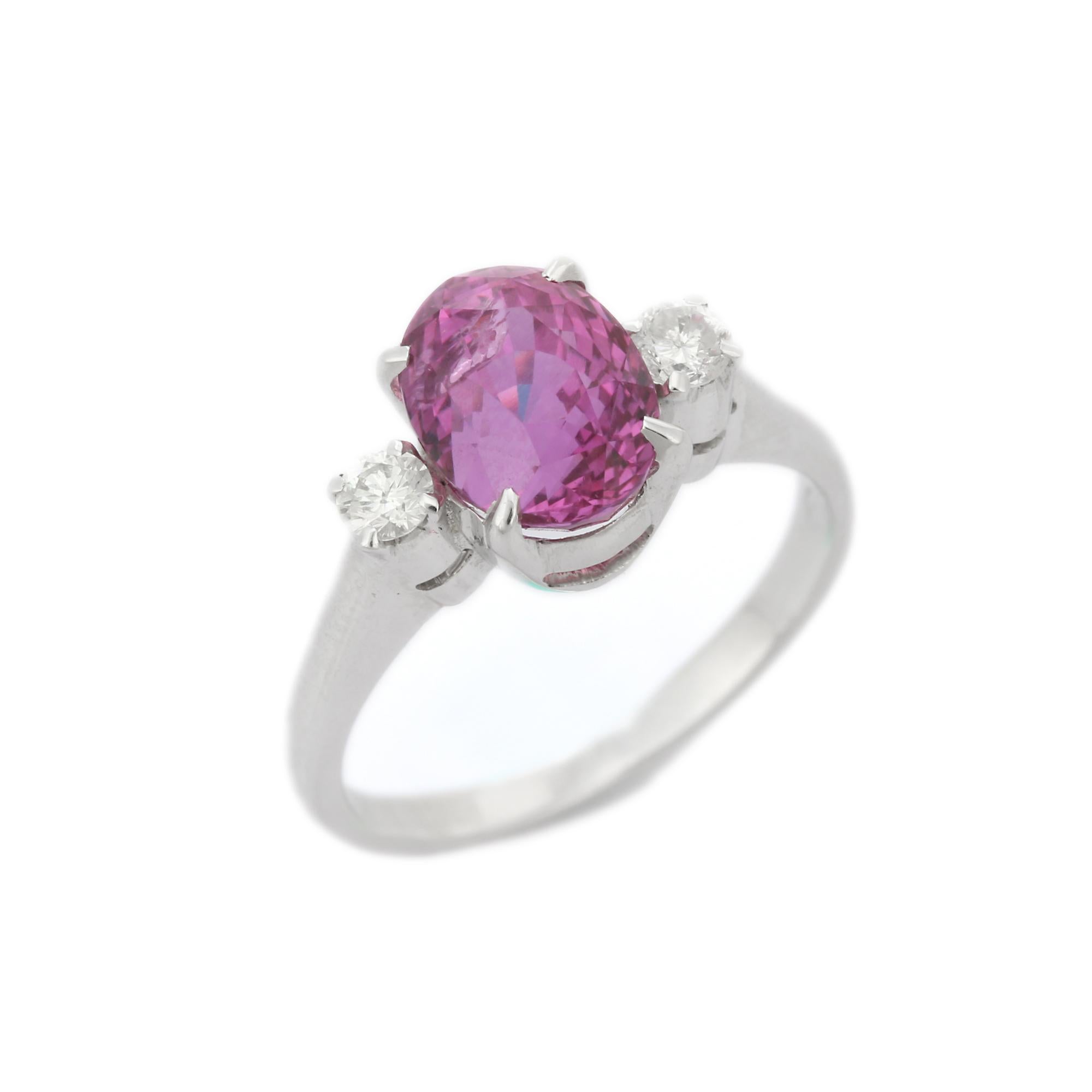 For Sale:  3.66 Carat Three Stone Pink Sapphire and Diamond Ring in 18K White Gold 4