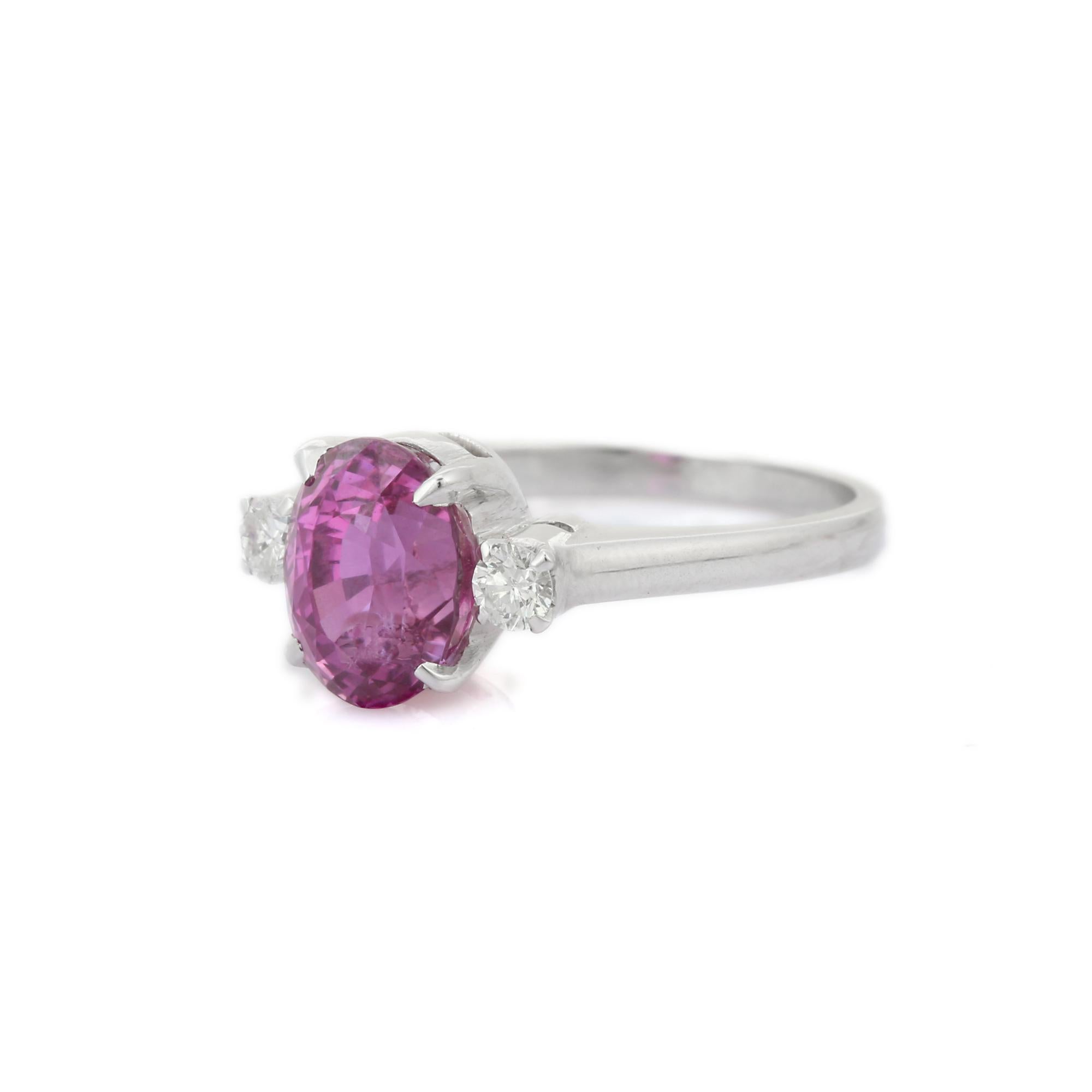 For Sale:  3.66 Carat Three Stone Pink Sapphire and Diamond Ring in 18K White Gold 5