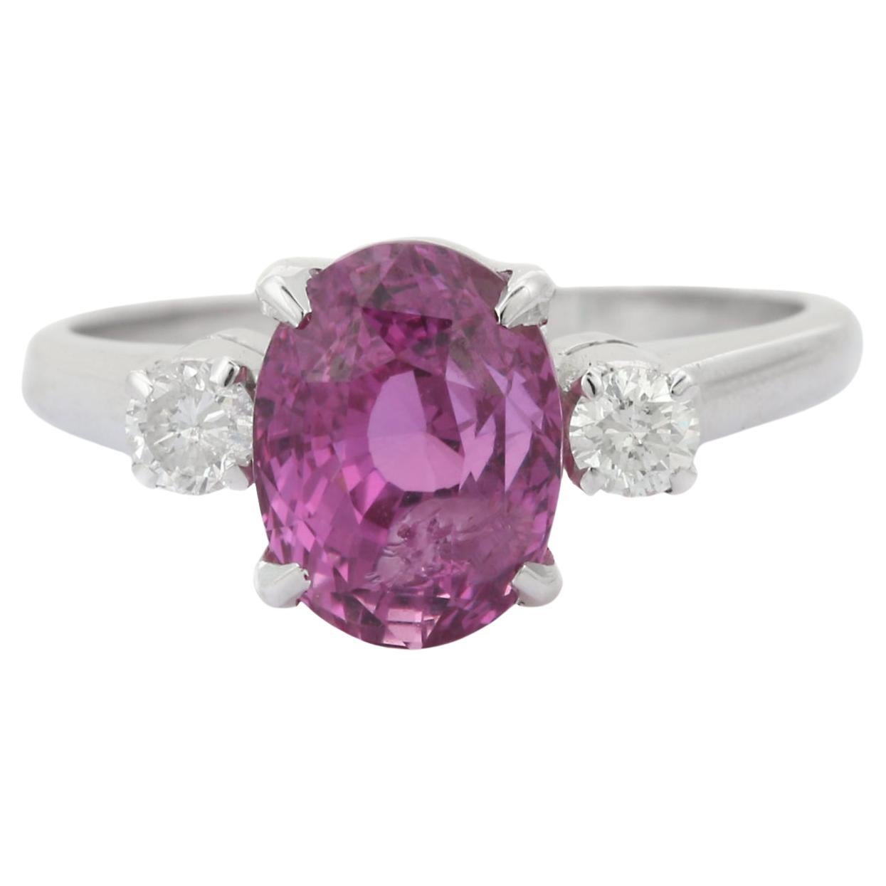 For Sale:  3.66 Carat Three Stone Pink Sapphire and Diamond Ring in 18K White Gold