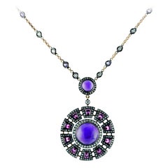 3, 66 Ct. Amethyst Special Cut 0.60 Ct. Sapphire 0, 85 Ct. Diamond 18K Necklace