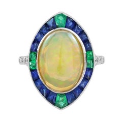 3.66 Ct. Ethiopian Opal Emerald Sapphire ArtDeco Style Cocktail Ring in 18K Gold