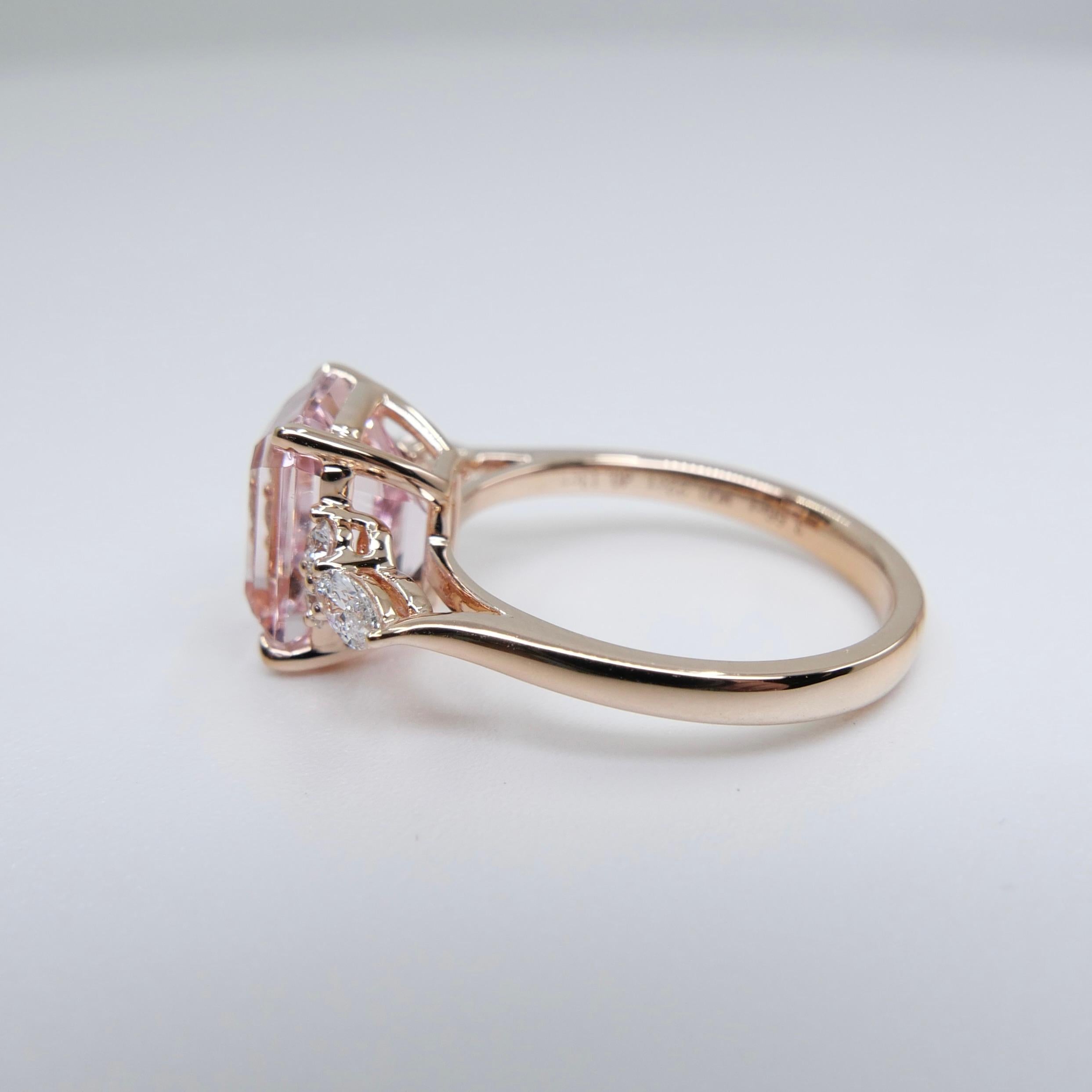 Emerald Cut 3.66 Cts Peach Pink Morganite & Diamond Cocktail Ring. Stunning!  For Sale