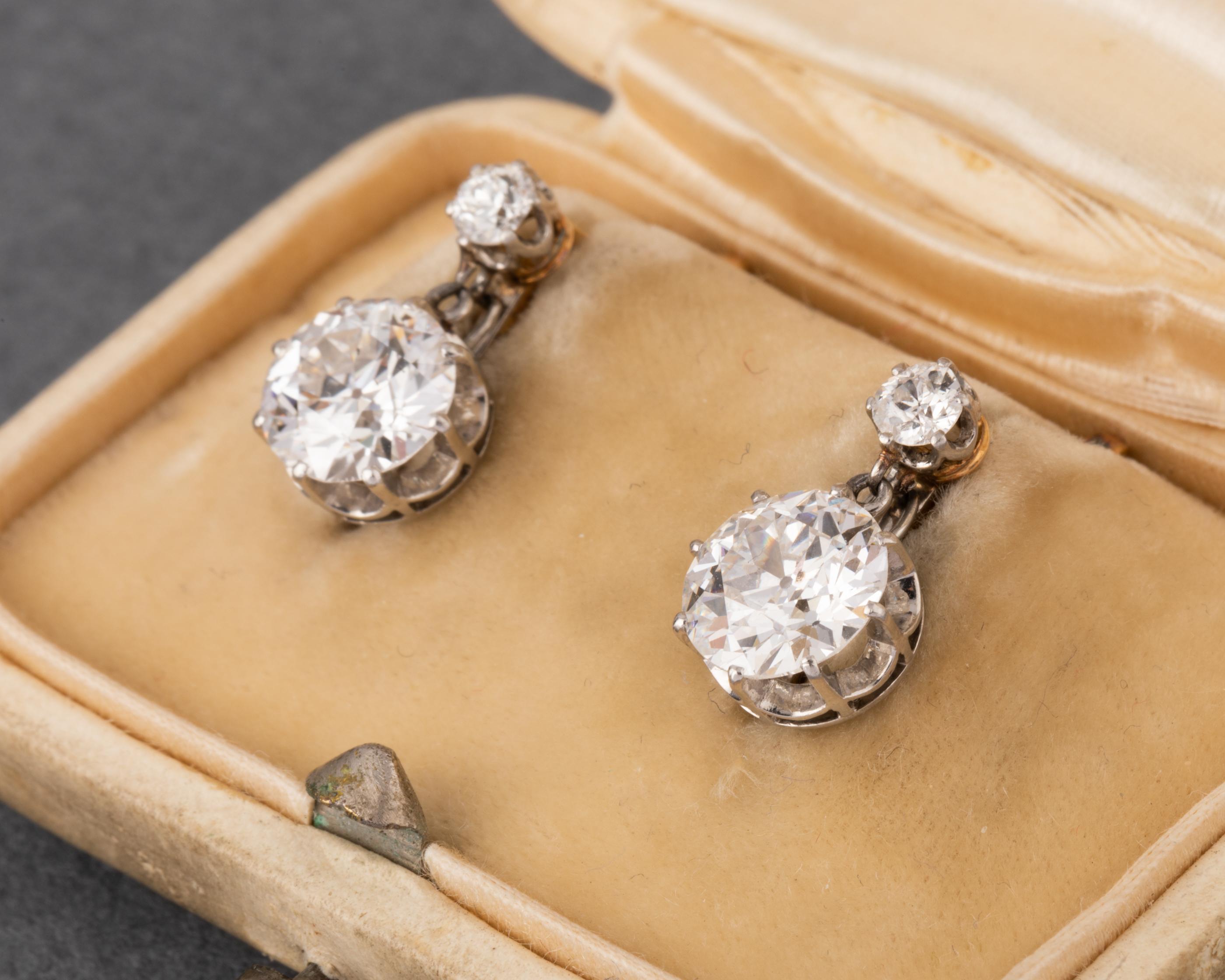 3.66 Diamonds Carats Antique Belle Epoque Earrings In Good Condition For Sale In Saint-Ouen, FR