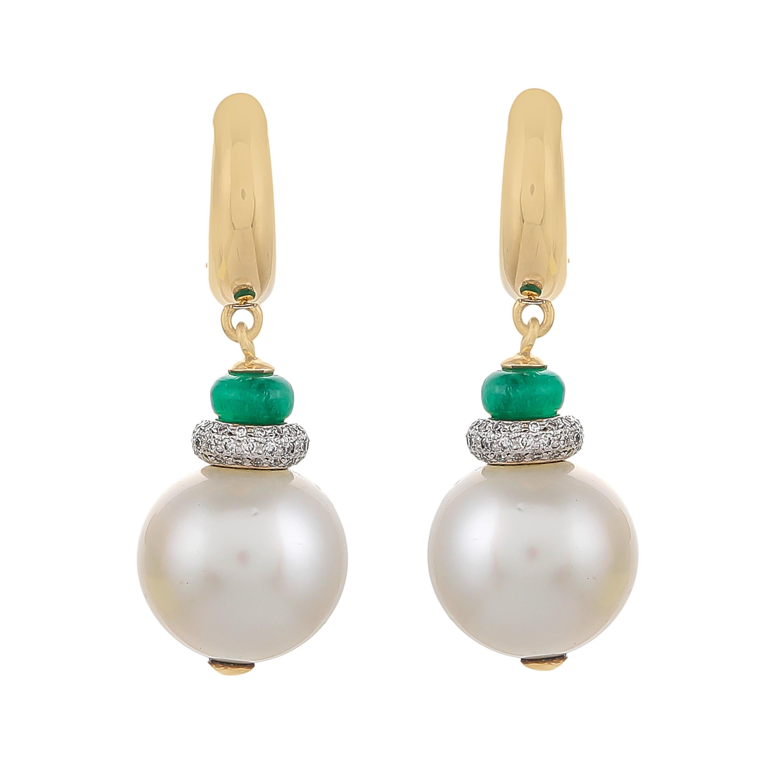 Bead 36.60 Carat South Sea Pearl Zambian Emerald and Diamond 18kt Yellow Gold Earring For Sale