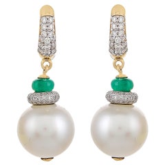 36.60 Carat South Sea Pearl Zambian Emerald and Diamond 18kt Yellow Gold Earring