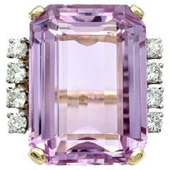 36.65 Carat Emerald Cut Kunzite and Round Diamond Cocktail Ring in 14 Karat Gold
