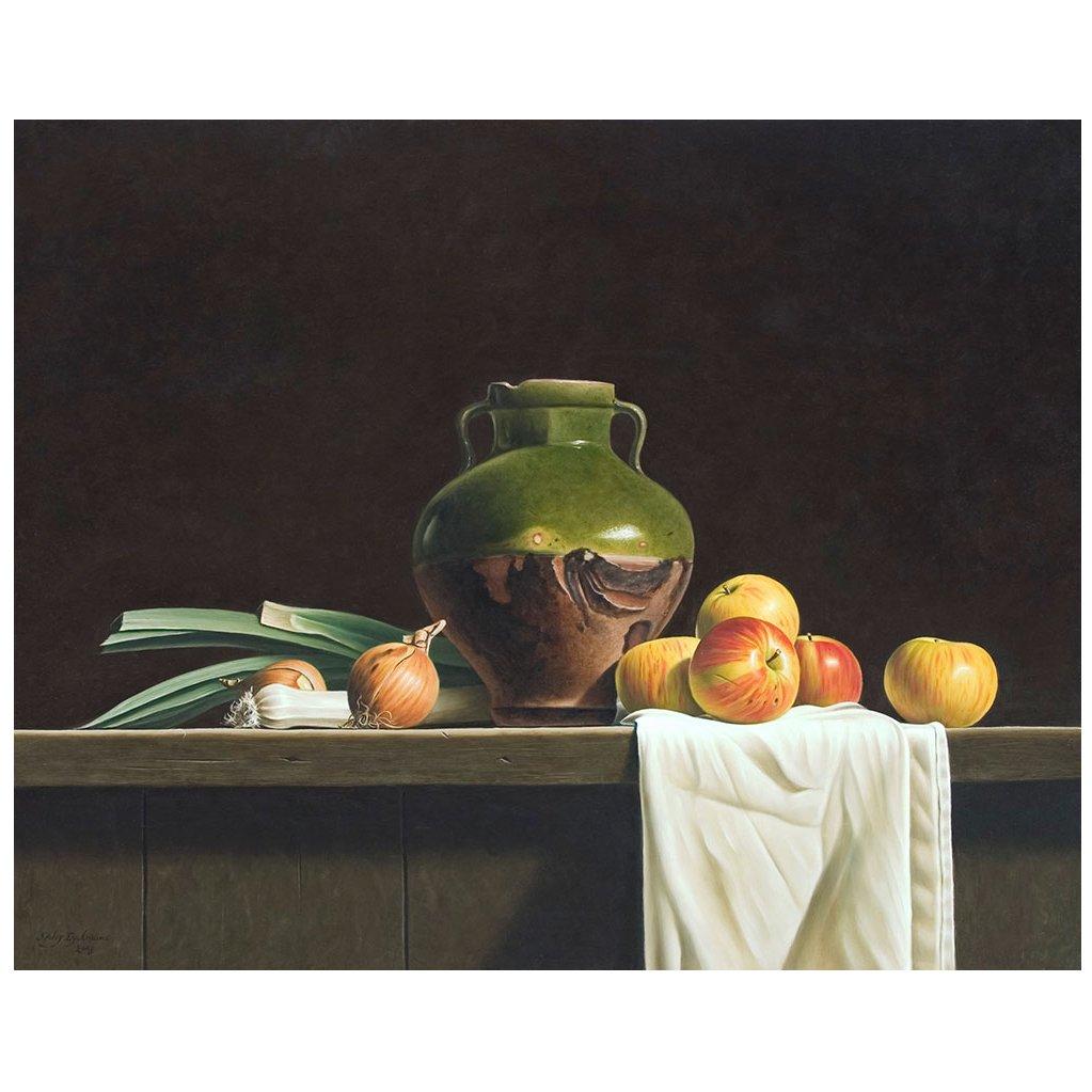 Green Glazed Jar and Apples - Painting by Stefaan Eyckmans