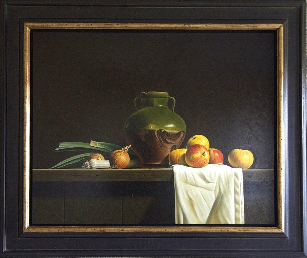 Stefaan Eyckmans Still-Life Painting - Green Glazed Jar and Apples