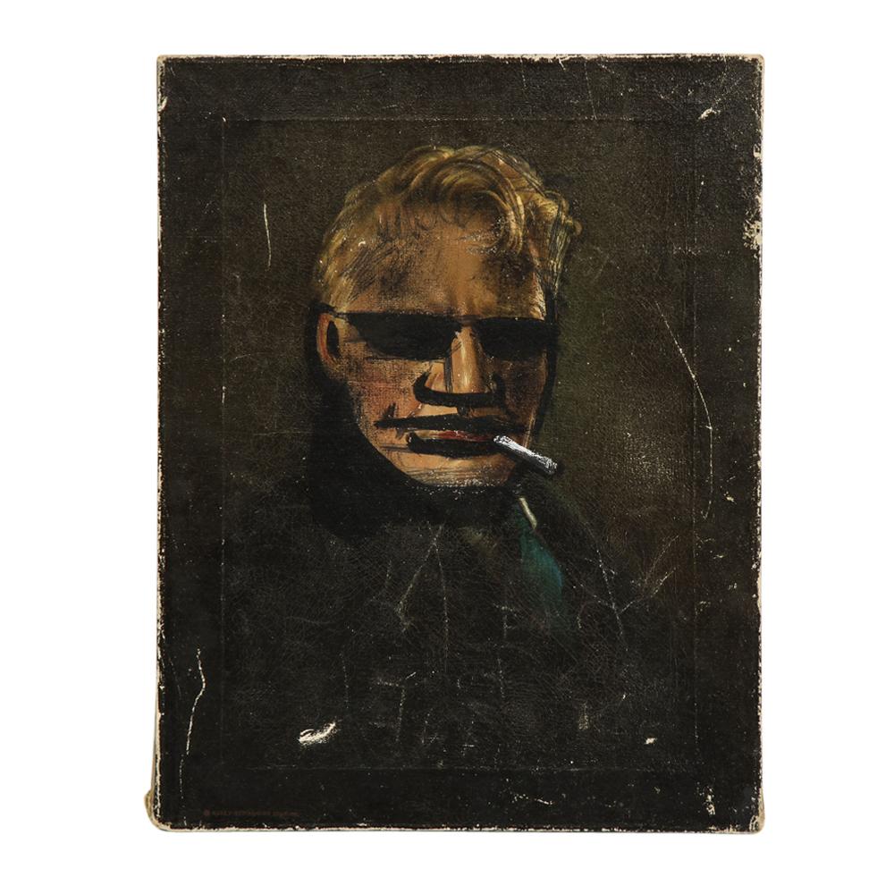 Robert Loughlin Painting, Brute, Signed. A hard to find 1980's Loughlin  where he had "Butched up" a found portrait painting of a blonde haired subject and added rock star sunglasses. The under portrait was produced by Kubey-Rembrandt Studios and is
