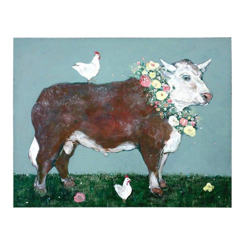 Ira Yeager Animal Painting - French Cow with Chickens Oil Painting