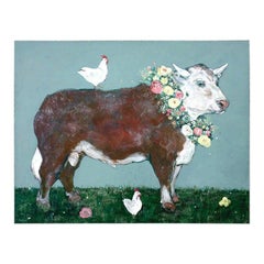 French Cow with Chickens Oil Painting