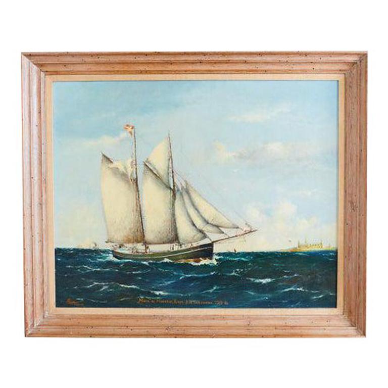 A. Rise Landscape Painting - Danish Sailing Ship Painting Signed