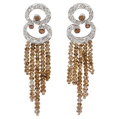 36.68ct White and Cognac Diamond Dangle Earrings with Diamond Strands and Beads