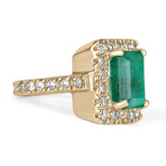 3.66tcw 14K Colombian Emerald-Emerald Cut & Diamond Halo Vintage Gold Ring