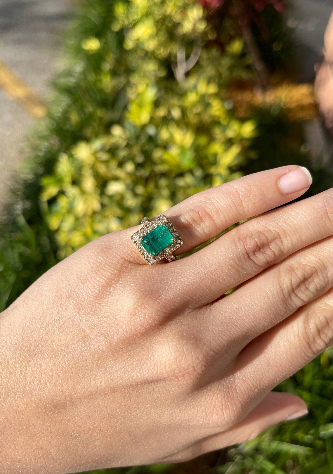 Art Deco 3.66tcw 14K Colombian Emerald-Emerald Cut & Diamond Halo Vintage Gold Ring For Sale