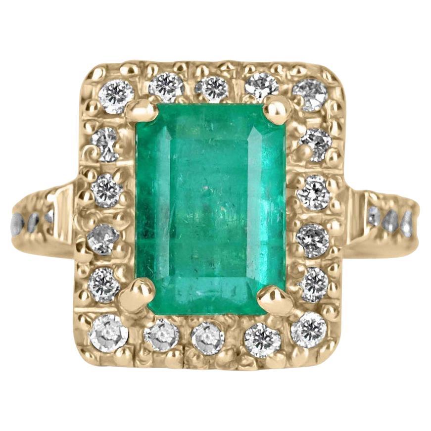 3.66tcw 14K Colombian Emerald-Emerald Cut & Diamond Halo Vintage Gold Ring For Sale